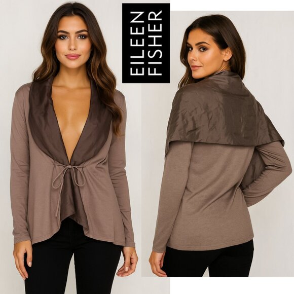 Eileen Fisher Silk, Brown Open Font, Cape, Cardigan. (3 cuts on fabric, hidden) - Picture 1 of 13